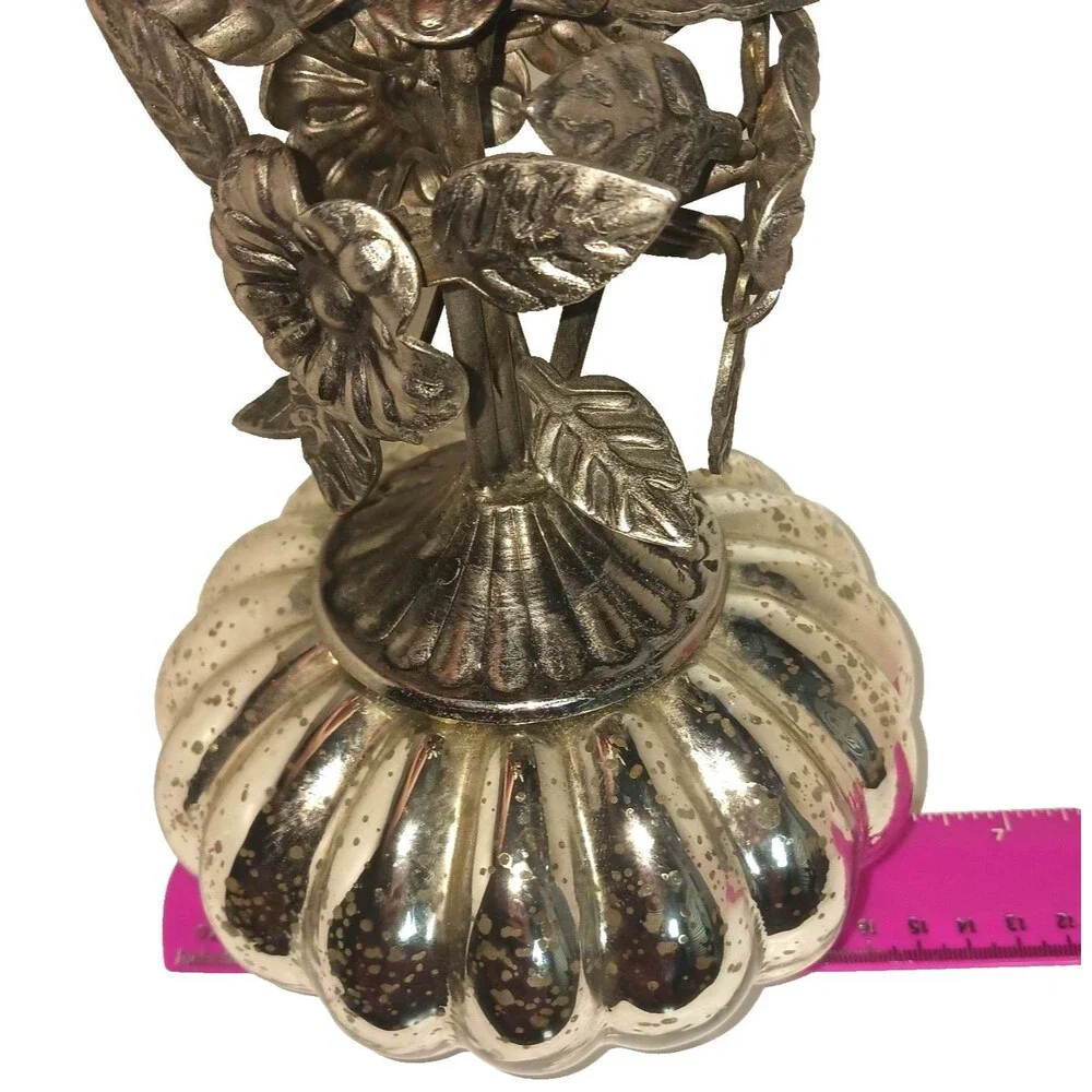Vintage Rooste Silver Mercury Glass Pumpkin Candlestick Holder Punched Tin 7.75